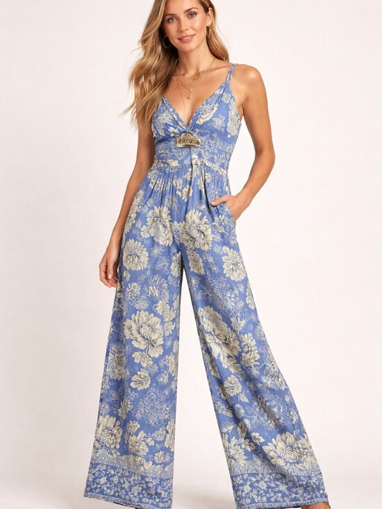 Angie Pants - NWT Angie Blue Floral Keyhole Wide Leg Jumpsuit Boho L